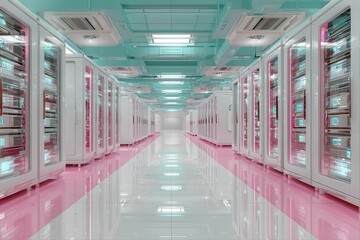 Obraz premium Futuristic Data Center with Pink and Teal Color Scheme Interior Design