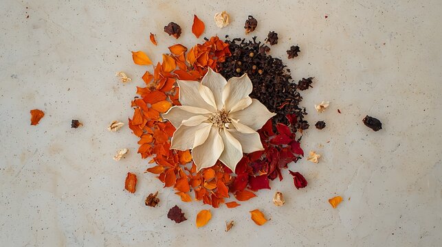 Dried Flower Petals and Tea Leaves Arranged a Circular Pattern dried flowers circular arrangement - Powered by Adobe