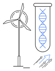 Wind turbine rotating, DNA strand inside a test tube, and arrows indicating progress. Ideal for sustainability, innovation, biotech, renewable energy, science, research progress simple flat
