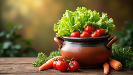 A terracotta pot brimming with fresh vegetables, including vibrant red tomatoes and crisp green lettuce, sits on a rustic wooden table, showcasing a healthy and vibrant composition.