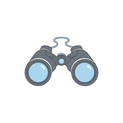 Illustration of gray binoculars with blue lenses and a white strap on a white background space