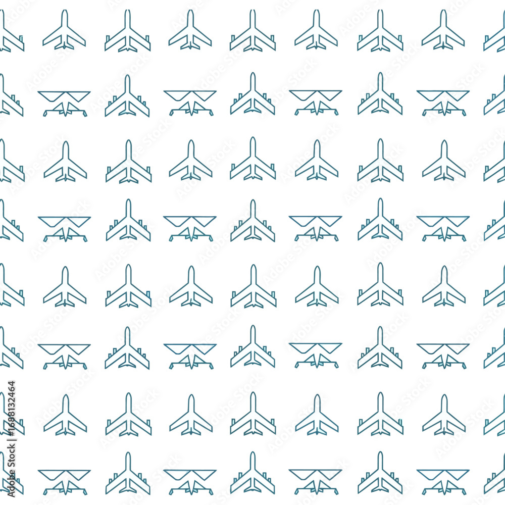 Poster repeating pattern of blue airplane and glider outlines on a white background in a symmetrical layout
