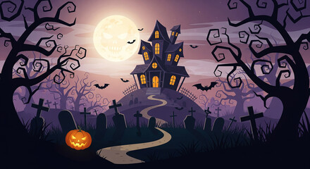 Spooky Halloween Haunted House with Graveyard and Jack O Lantern under a Full Moon