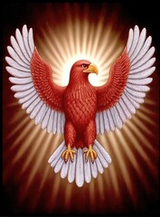 Obraz premium Red eagle with outstretched wings, bathed in radiant light