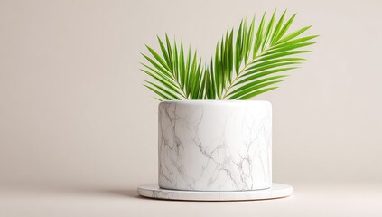 White marble cylinder vase with palm fronds