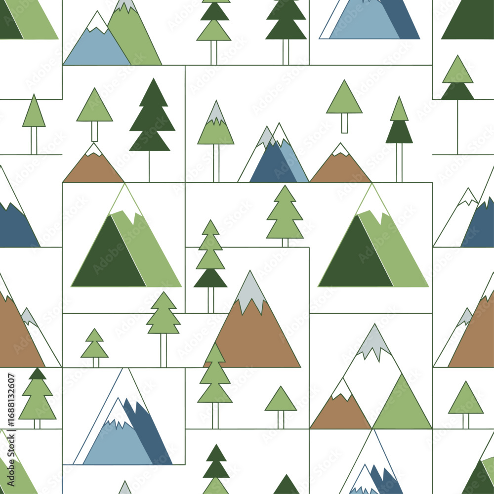 Poster seamless pattern featuring geometric mountains and trees in various colors on a white background des
