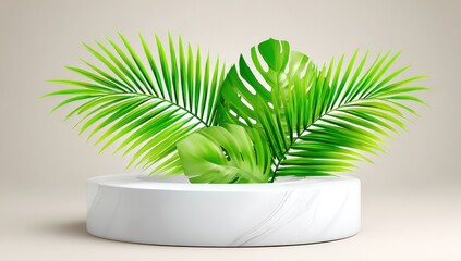 White marble podium with vibrant tropical leaves
