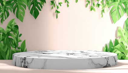 Round marble podium, surrounded by lush green tropical foliage on a soft peach background