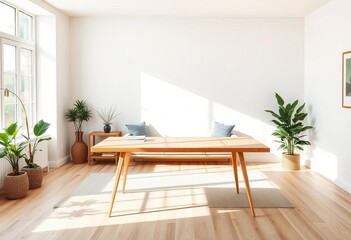 Fototapeta premium Empty light wood desk in minimalist living room, natural light, texture, bright