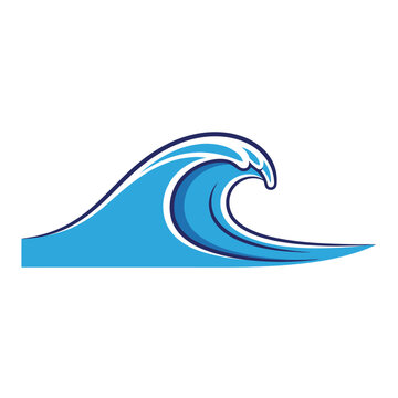 A stylized blue wave with a dark blue outline and white accents isolated on a white background design