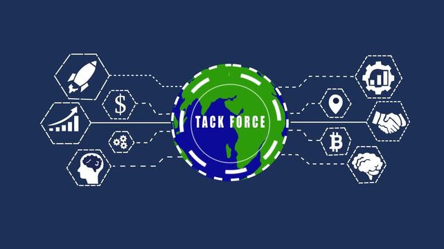 A Business Task Force concept button on technology networking icon. Global Blue holographic advanced HUD circle platform World map high performance 4k animation.