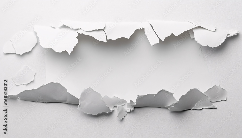 Poster the illustration shows a piece of white paper ripped to create a rectangular frame with an empty cen
