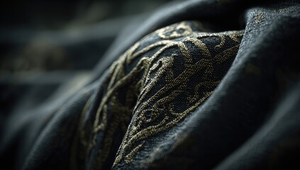 Close-up of rich dark fabric with gold embroidery