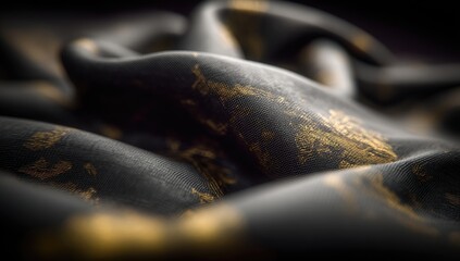 Close-up view of dark fabric with subtle gold print