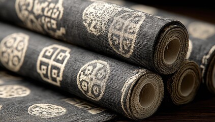 Rolled fabric displays intricate, repeating patterns in shades of gray and cream