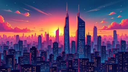Vibrant sunset over a sprawling futuristic cityscape, featuring two prominent, slender skyscrapers at its heart, bathed in warm and cool hues.