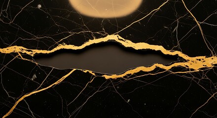 Luxurious black marble surface adorned with intricate golden veins and a distinct void, creating a captivating and