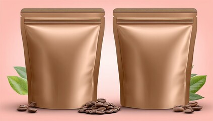 Two bronze-colored, zippered pouches, likely for coffee, stand on a pink background