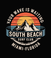 This logo design for South Beach Surf Club features vibrant colors and a mountain silhouette, inviting surfers to enjoy the waves and the spirit of adventure in Miami.