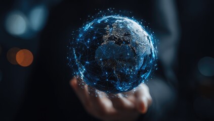A hand holds a digital globe, intricate network lines connecting continents, floating in mid-air against a dark background