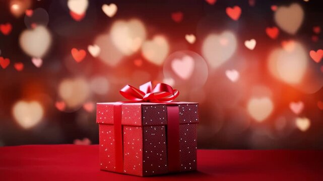 Red gift box with heart shaped candy on a sparkling background with bokeh effect, ideal for valentine's day or special occasions	