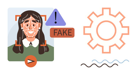 Facial recognition with fake detection warning triangle near biometric scan on person. Cogs and waves suggest technology, automation, security, and AI. Ideal for privacy, technology, AI, security