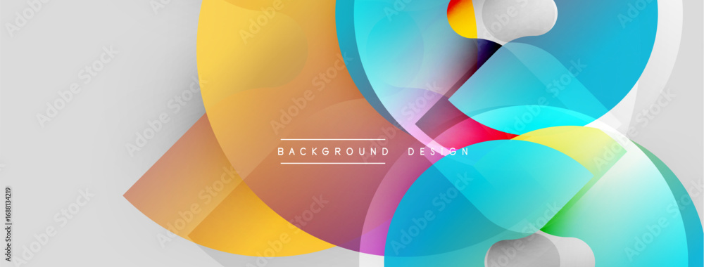 Poster abstract colorful shapes overlap, creating dynamic visual effect. gradient hues blend smoothly, mode