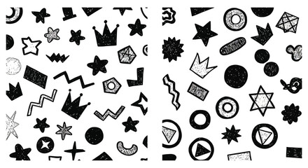 a variety of geometric shapes and symbols scattered across white background