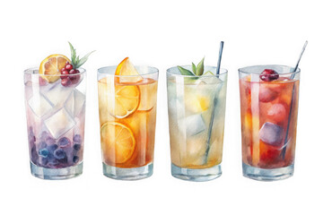Watercolor illustration of four refreshing tall glasses filled with colorful iced cocktails garnished with fruit and herbs against a dark backdrop transparent background