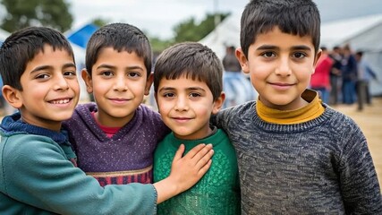 international day of peace smiling young boys group portrait outdoors
