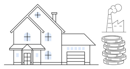 House with windows and garage, smoking factory, and coins highlighting economy, housing market, finance, business, investment, environmental impact, and urban planning in a simple flat metaphor