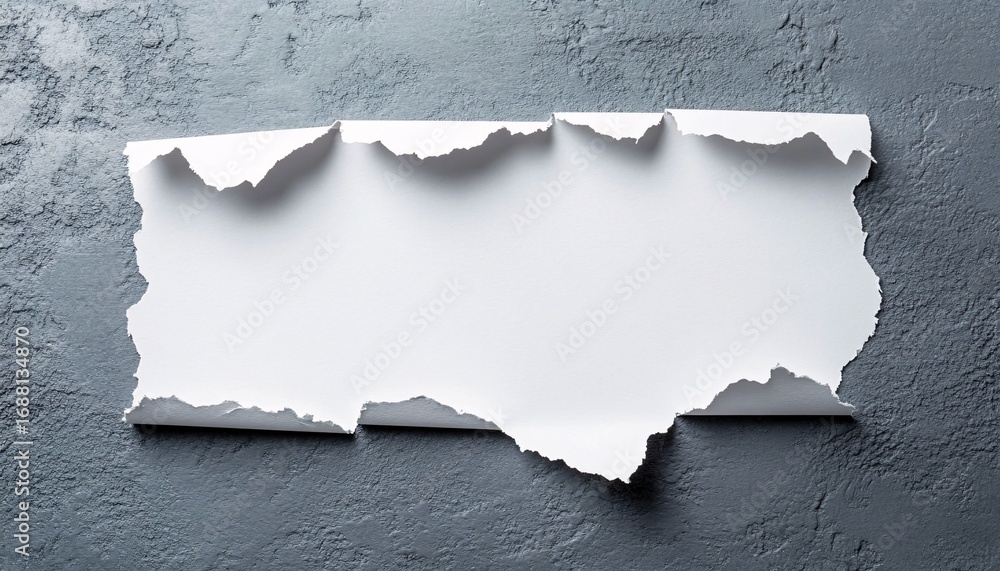 Poster a piece of white paper with a ripped edge is placed on a gray textured surface, creating a contrasti