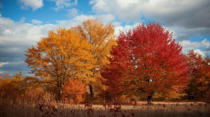 Fototapeta premium Vibrant autumn scene showcasing a cluster of trees with fiery red and golden yellow foliage against a backdrop of a partly cloudy sky.