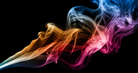 Abstract colored puffs of smoke swirls overlay on black background. Royalty high-quality free stock photo image of abstract colorful smoke overlays on dark background. Multicolor smoke swirl fragments