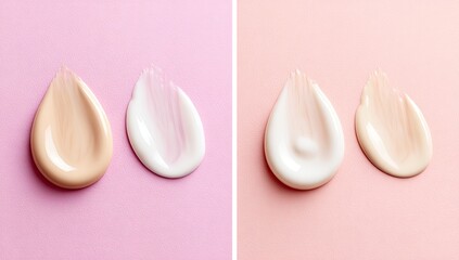 Two swatches of light beige and off-white cream products on a pink background