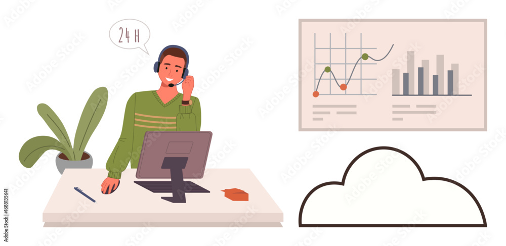 Aufkleber customer service representative in headset working at desk, analyzing charts and graphs, and linked 