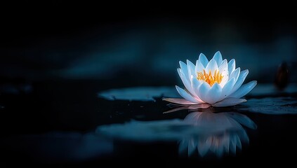 Glowing white water lily on dark water
