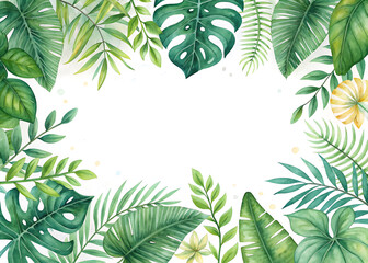 Vibrant watercolor painting of lush green tropical leaves forming a decorative border around a white central space for text