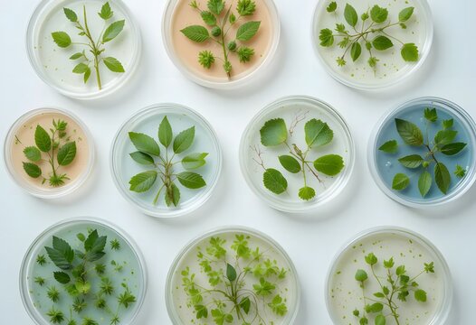Petri Dishes with Plants and Gel Swatches on White Background – Scientific Flat Lay