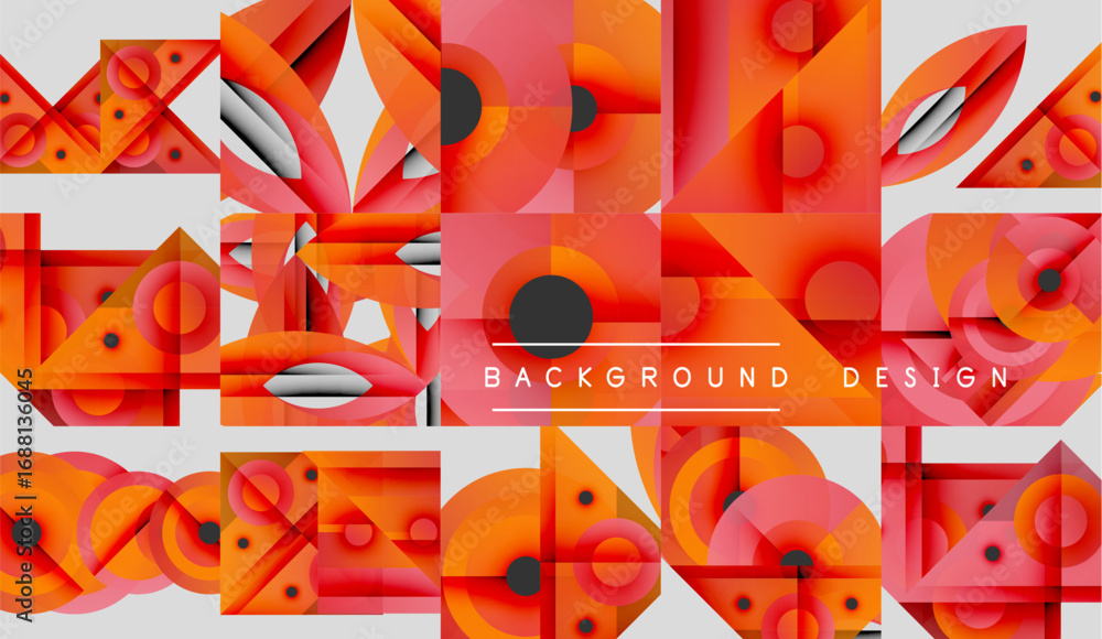 Poster abstract geometric patterns dominate image. orange, red hues blend with white space. modern design e