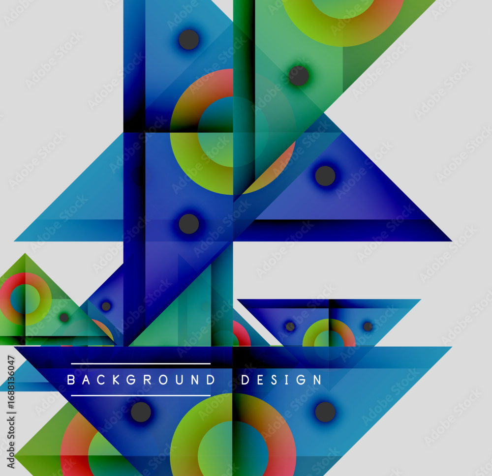 Poster abstract geometric shapes overlap. vibrant colors blend, creating dynamic visual effect. modern desi