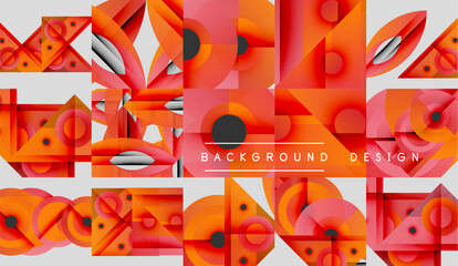 Abstract geometric patterns dominate image. Orange, red hues blend with white space. Modern design elements create dynamic visual texture.