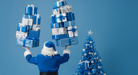 A blue Santa Claus carrying lots of gifts in a space with a blue Christmas tree