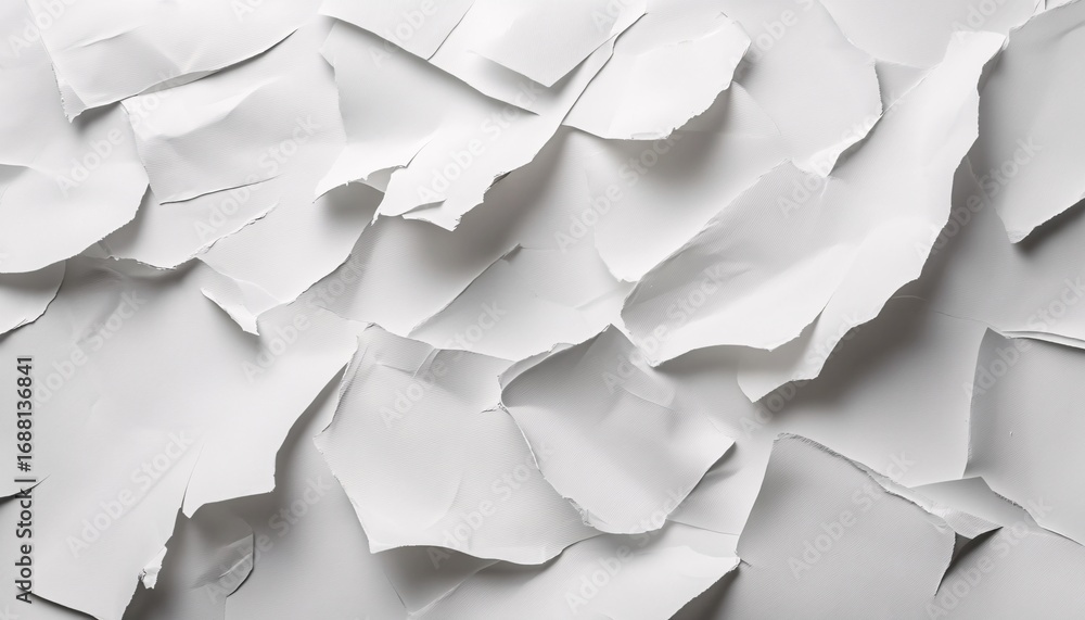 Poster the image shows numerous pieces of white paper with irregular edges, creating a textured background.