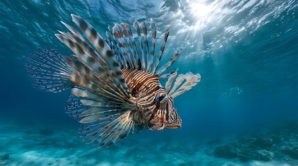 Lionfish gracefully swims in the ocean, its venomous spines displayed against the sunlit water