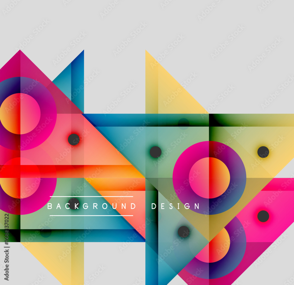 Poster Abstract geometric shapes overlap. Vibrant colors create modern design. Circles, triangles, squares form dynamic composition.