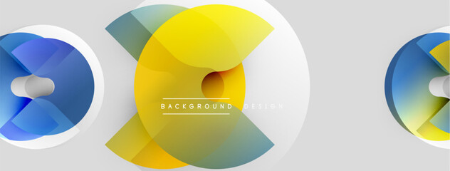 Abstract colorful shapes overlap, creating dynamic visual elements. Gradient hues blend smoothly, offering modern design aesthetic.