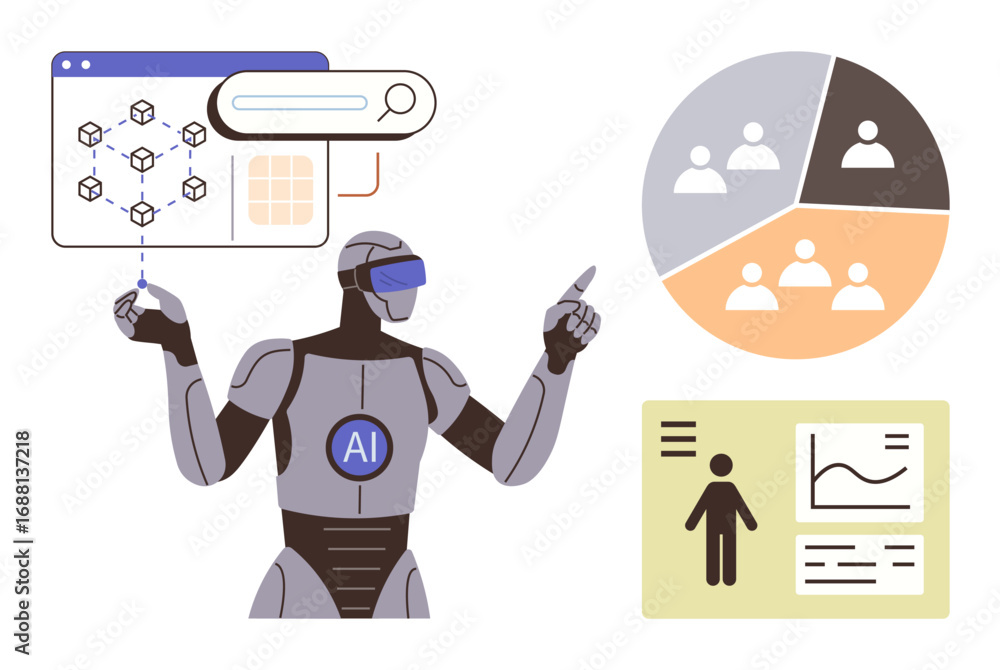 Fototapete ai robot with virtual interface pointing at data diagrams, including pie charts and analytics. ideal