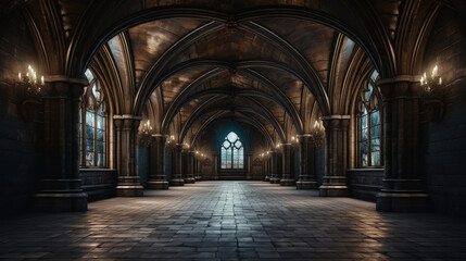 Fototapeta premium Dark gothic stone hallway with symmetrical arches, candlelight glow and aged textures