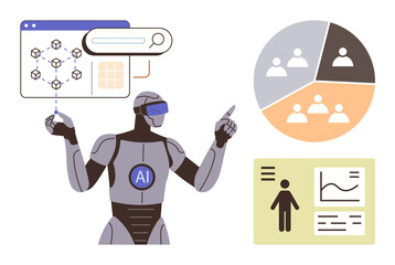 AI robot with virtual interface pointing at data diagrams, including pie charts and analytics. Ideal for machine learning, data analysis, automation, innovation, future technology, decision-making